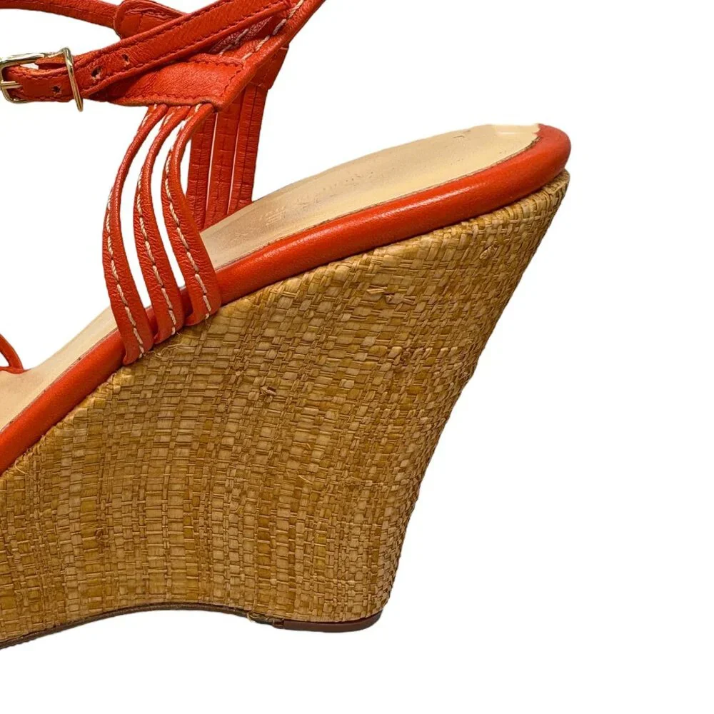 J. Crew Bette Orange Leather‎ Made in Italy Raffia High Wedge Sandals